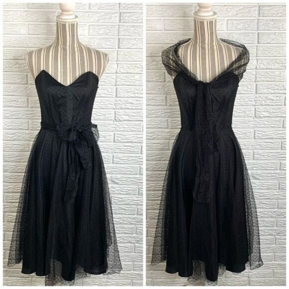 Vintage Dresses & Skirts - Vintage Uzanel Black Polka Dot Strapless Dress Size Medium